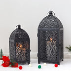 TRIROCKS Set of 2 Vintage Decorative Candle Lantern 12''&16.5'' High Metal Candle Holder Hanging Lantern with Hollow Pattern for Living Room Garden Parties Events Indoors Outdoors(Black) - Image 5