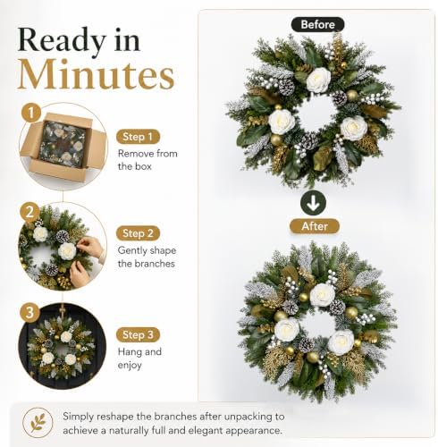 28 Inch Christmas Wreath for Front Door, White Rose Gold Winter Wreath - Image 5