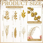 Gold 66 Pcs Christmas Glitter Picks and Sprays, Xmas Artificial Floral Stems Branches Berry Leaf Pine for Tree Topper Wreath Garland Centerpiece Holiday Party Home Decor - Image 3