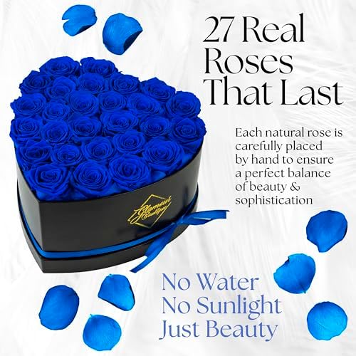GLAMOUR BOUTIQUE Preserved Flowers, 27 Forever Blue Roses in Heart Gift Box - Image 2