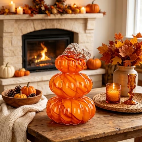 Stacked Glass Pumpkin Decor, Fall Halloween Table Centerpiece, Orange - Image 4