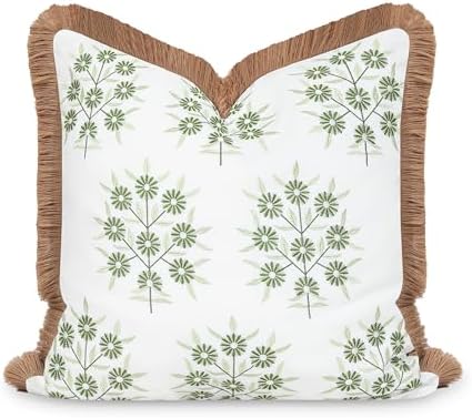 Hofdeco Premium Coastal Patio Indoor Outdoor Throw Pillow Cover Only, 20"x20" Water Repellent for Backyard, Couch, Green Embroidered Floral with Fringe by HofdecoPremium