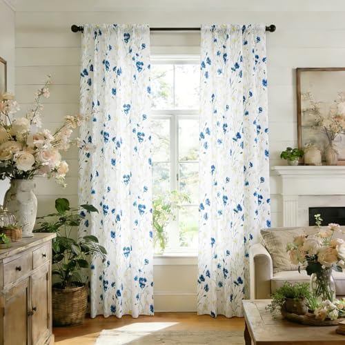 youleyar Floral Curtains 84 Inches Long for Living Room 2 Panels Printed Pattern Curtain Rod Pocket Spring Summer Watercolor Blue and White Floral Window Drapes for Girls Bedroom, 52" W x 84" L - Image 6