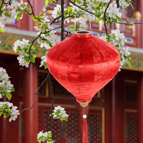 Uonlytech Japanese Silk Lanterns Traditional Oriental with Tassel Vietnamese Oval Lunar New Year Decorations Red - Image 5