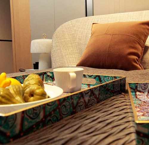 Serving Trays Set of 2, Decorative Plastic Serving Trays with Handles, Party Tray for Food, Coffee Table, Ottoman, Bathroom, and Living Room (Blue Bohemian) - Image 3