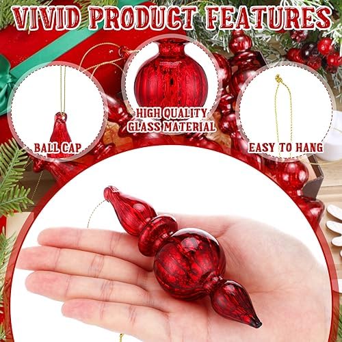 Mifoci 8 Pcs 6 Inch Mercury Glass Finial Christmas Ornaments,Red - Image 4