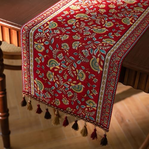 Spring Floral Table Runner 71in Long - Nordic Vine Red Embroidery Jacquard with Tassels, Elegant Easter & Mother's Day Decor for Farmhouse Dining Table, Wedding & Dresser (Vine Red, 13.7"x71") by Unknown