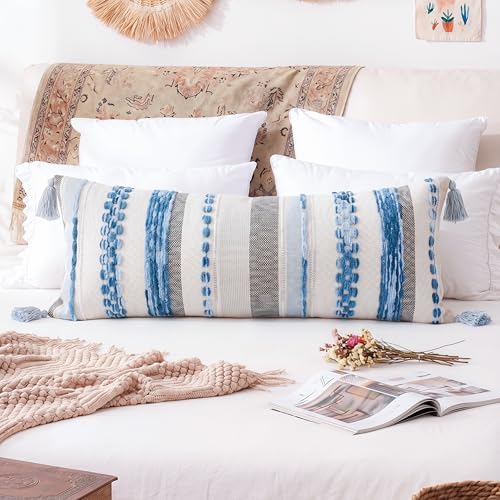 PANOD Boho Long Lumbar Throw Pillow Cover 14 x 36 Blue, Chenille Morocan Extra Long Pillow Case Cover, Decorative Long Pillow for Bed Couch Sofa Farmhouse - Image 2