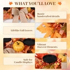 26" Fall Candle Holder Centerpiece with Pumpkins, Maple Leaves & Burlap Bow - Image 3