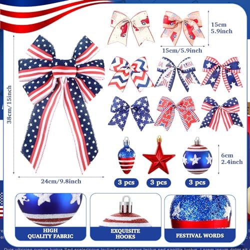 43 Pcs 4th of July Patriotic Tree Decorations Independence Day Christmas Tree Ornaments Ribbon Bow Topper Red White and Blue Hanging Ornaments for National Memorial Day Party - Image 2