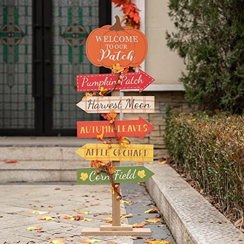 Glitzhome 42.5”H Fall Wooden Pumpkin Patch Porch Decor, Rustic Fall Harvest Welcome to Our Patch Yard Sign, Farmhouse Directional Porch Sign Standing Decor for Fall Harvest Autumn Thanksgiving - Image 3