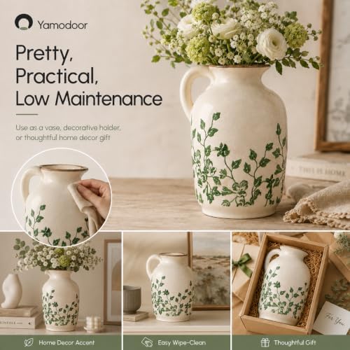 Tuscan Ceramic Vase for Home Decor,Green and Beige Pitcher Vases for Flower - Image 6