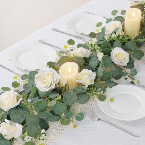 TOCHGREEN 4PCS Artificial Eucalyptus Flower Garland with White Rose Flowers - Image 2