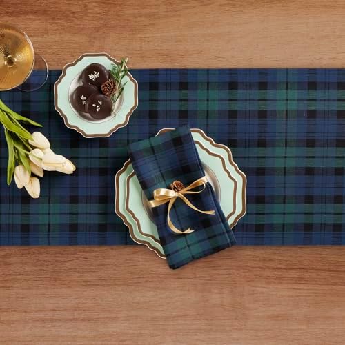 Solino Home 100% Pure Linen Table Runner, 14 x 90 in, Blue and Green Plaid - Image 3