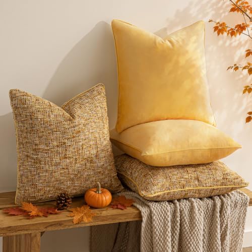 a moment Bright Yellow 4 Pack Throw Pillow Covers - Chenille & Velvet Set with Piping, Farmhouse Textured Design Pillow Cases for Couch Sofa Bed Livingroom (18x18 Inch, No Insert) - Image 3