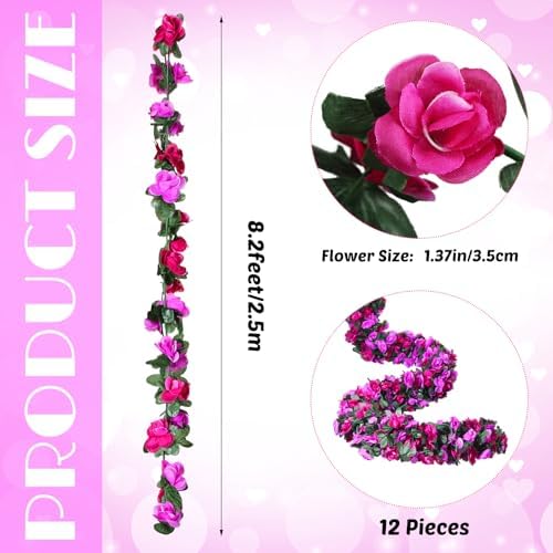 12 Pcs 100ft Flower Garland Artificial Rose Vine with GreenLeave, Purple - Image 2