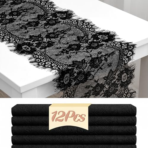 12 Pack Black Lace Table Runners 14 x 120 Inch Black Rustic Lace Fabric Table Runners with Rose Embroidered Floral Vintage Table-Runner for Party Wedding Bridal Shower Decorations - Image 3
