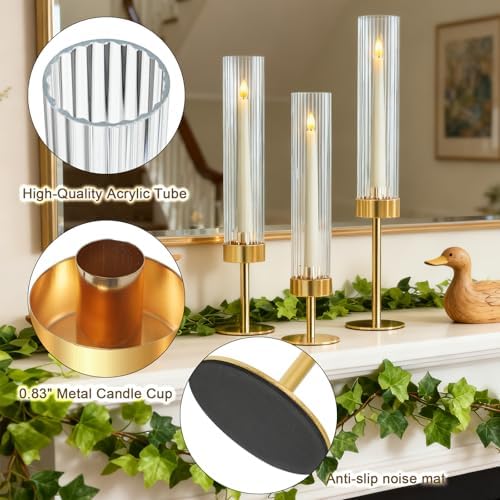 Metal & Acrylic Taper Candle Holders with Ribbed Design - Hurricane Clear Cylinder Candelabra for Wedding, Christmas, Party, Dining Table Centerpiece Decor (Gold, Set of 6) - Image 3
