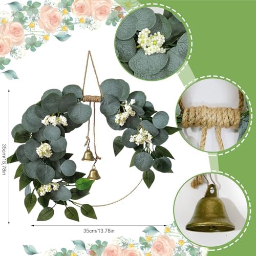 15'' Eucalyptus Wreath for Front Door Artificial Greenery Outdoor Wreath with White Berry Spring Summer Wreaths for Farmhouse Front Porch Window Porch Hanging Wall Party Wedding Decor - Image 2