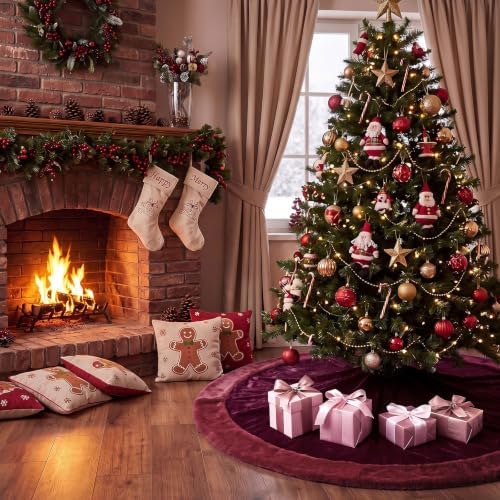 Skylety 48" Velvet Christmas Tree Skirt with Faux Fur Trim,Burgundy Red - Image 5