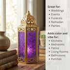 VELA LANTERNS 12" Metal Moroccan Decorative Candle Lantern Holders for Hanging or Table, Indoor Home Decor, Outdoor Patio or Porch, Weddings, Gold, Purple Glass, Large, Set of 2 - Image 5