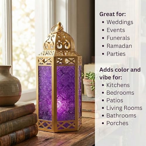 VELA LANTERNS 12" Metal Moroccan Decorative Candle Lantern Holders for Hanging or Table, Indoor Home Decor, Outdoor Patio or Porch, Weddings, Gold, Purple Glass, Large, Set of 2 - Image 5