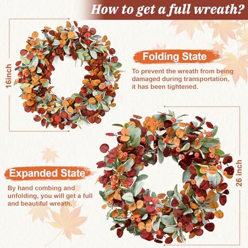 Waipfaru Fall Decor, 26 Inch Fall Wreaths for Front Door, Autumn Door Wreath with Lambs Ears Leave Eucalyptus Leaves Pumpkin Thanksgiving Harvest Halloween Farmhouse Home Outdoor Porch Indoor Decor - Image 5