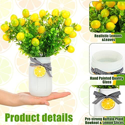 Lyrow 6 Pack Mason Jar Table Centerpiece Faux Christmas Berry Sunflower Lemon and Bell Kitchen Spring Summer Winter Farmhouse Decoration for Home Kitchen Tiered Tray Decoration(Lemon Style) - Image 7