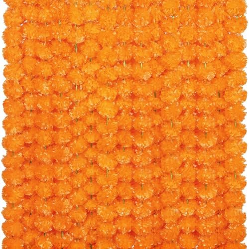 Fovths 15 Pieces 5 Feet Long Marigold Garland Bulk Light Orange Indian American Wedding Party Mantel Decoration Long Strands Artificial Dia De Los Muertos Decor for Pooja, Altar Faux Garland, Diwali by Fovths