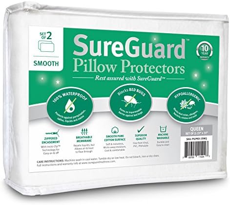 Set of 2 Queen Size SureGuard Pillow Protectors - 100% Waterproof, Bed Bug Proof, Hypoallergenic - Premium Zippered Cotton Covers - Smooth by SureGuardMattressProtectors