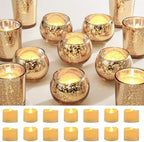 Funnymoom 12 Set Assorted Votive Candle Holders with LED Tea Light Decorative Mercury Glass Votive Tealight Holder Flameless Battery Operated Wedding Centerpieces Bridal Party Table Decoration (Gold) by Funnymoom