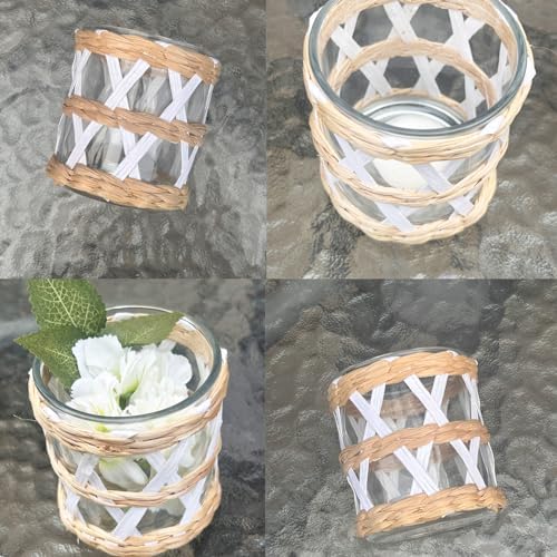 Pack 4 White Woven Rattan Tealight Candle Holders Candle Lantern - Coastal Tropical Glass Tea Light Holder Hurricane, Natural Seagrass Boho Hand Woven Votive Candle Holder - Image 6