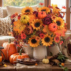 Mixed 12 Pcs Fall Artificial Flowers, Sunflower Peony Bouquet with Maple Leaves Pumpkins, Autumn Faux Floral Arrangements for Table,Thanksgiving, Halloween, Porch Planters, Garden Patio Outdoors Decor - Image 5