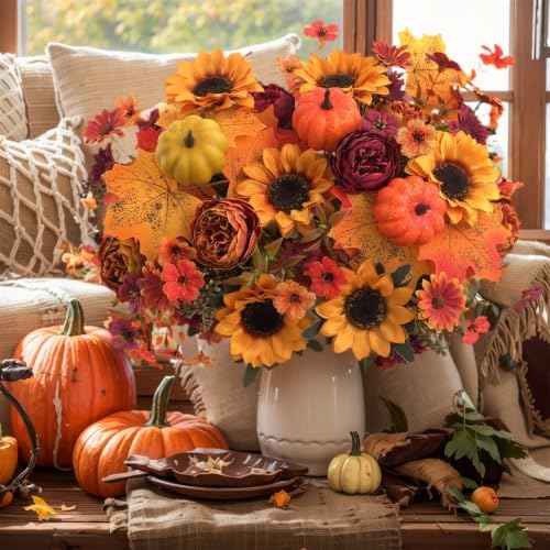 Mixed 12 Pcs Fall Artificial Flowers, Sunflower Peony Bouquet with Maple Leaves Pumpkins, Autumn Faux Floral Arrangements for Table,Thanksgiving, Halloween, Porch Planters, Garden Patio Outdoors Decor - Image 5