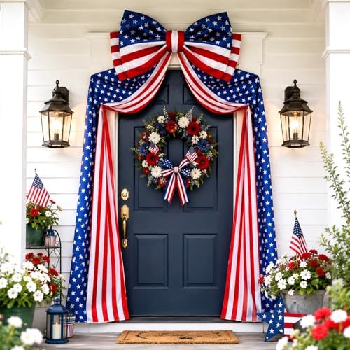 Breling 4th of July Patriotic Bunting Door Porch Decorations 32ft Patriotic Porch Banner with Large 4th of July Bow Red White and Blue Independence Day 250th Anniversary Banner Outdoor Yard Decor by Breling