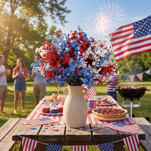 Lyrow 48 Pcs Red White Blue Patriotic Artificial Flowers Pick Stems - Image 3
