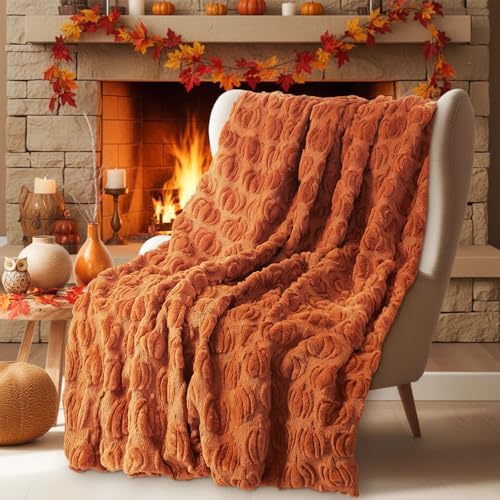 Tegeme Fall Halloween Pumpkin Throw Blanket 50" x 60", 3D Pumpkin Pattern Faux Rabbit Fur Fleece Blanket, Soft Cozy Rust Autumn Throw for Couch Sofa Bed, Thanksgiving Gift for Women Mom(Rust) by Tegeme
