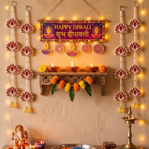 Wonderjune 4 Pcs Diwali Lotus Garland Wooden Hanging Decor for Pooja,Wall - Image 4