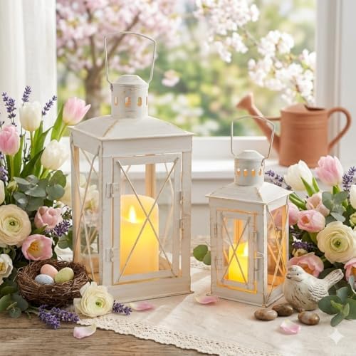TRIROCKS Set of 2 Decorative Candle Lantern 12'' & 8'' High Metal Candle Holder Hanging Lantern Perfect for Home Decor Patio Living Room Parties Events Tabletop Indoors Outdoors (White) - Image 2