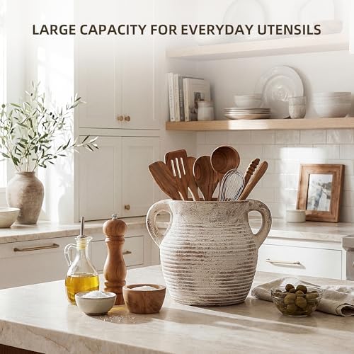 Rustic Utensil Holder for Kitchen Counter - Ceramic Farmhouse Cooking Utensil Crock & Organizer for Spatula, Spoon - Vintage Kitchen Decor (Taupe) - Image 5