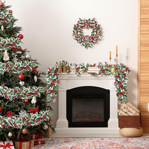 MAKHOT 6Ft Eucalyptus Garland, Green Leaves Wreath Vines Garlands Decorations, Artificial Red Berry Garland for Fireplace Gate Mantle Table Home Party Decor（2PCS - Image 5