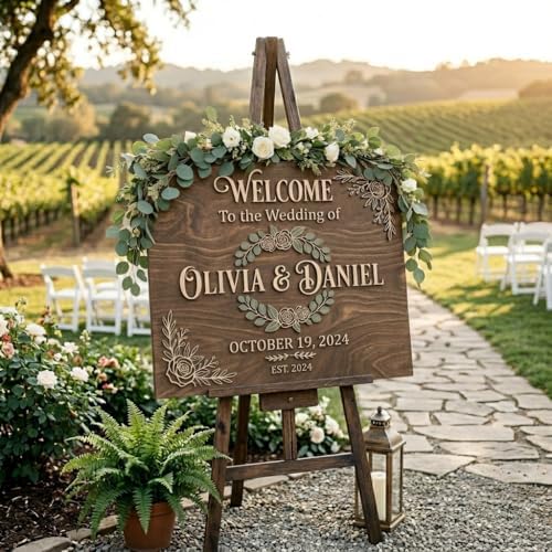 Personalized Rustic Wreath Wedding Welcome Sign - Custom 3D Wood Floral Ceremony Entrance & Reception Board for Farmhouse, Barn or Garden Venue - Multiple Sizes - Image 3
