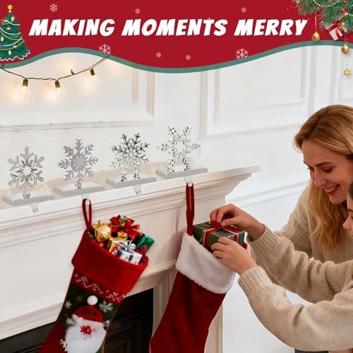 INNO STAGE Snowflake Christmas Stocking Holders for Mantle -Set of 4 Metal Stocking Hangers, Silver Stocking Hooks for Fireplace Window Tabletop Stair Shelf Christmas Decoration - Image 2
