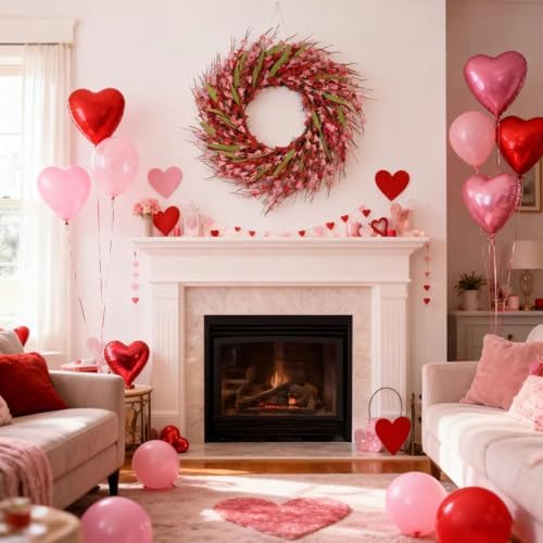 idyllic 22 Inch Spring Pink Forsythia Wreath, Valentine's Day Floral Decor with Red Pink Blooms for Front Door Mantel Table Wall Window Indoor Wedding Anniversary Dinner Decor - Image 4