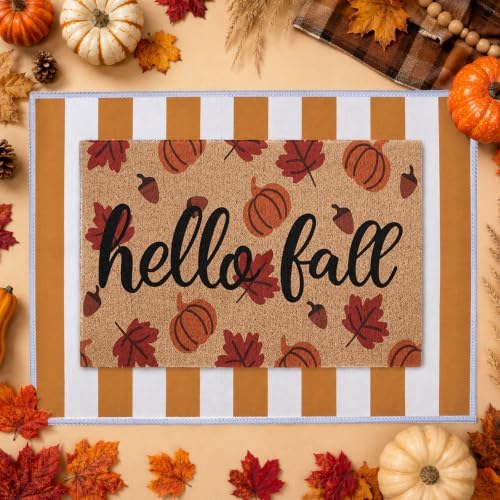 2pcs Hello Fall Doormats with Pumpkins Leaves Pattern Layered Autumn Front Porch Welcome Mat and Striped Crystal Velvet Layering Rug Non Slip Outdoor Entryway Flooring Decor for Thanksgiving - Image 6