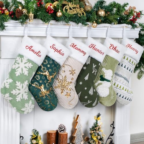 GEXWORLDWIDE GEX New Personalized Christmas Stockings 6 Pack Embroidery Custom Name for Family 20" Large Farmhouse Stockings Green Plush Felt Sequins Fireplace Decorations Hanging Ornament (6 Pack) - Image 2