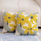 Summer Floral Throw Pillow Covers 18x18 Inch Set of 2, Chenille Embroidered Pillowcase with 3D Tufted Yellow Flowers Sage Green Leaves, Boho Decorative Cushion Covers for Couch Sofa Bed by CITYJUN
