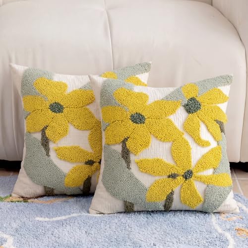 Summer Floral Throw Pillow Covers 18x18 Inch Set of 2, Chenille Embroidered Pillowcase with 3D Tufted Yellow Flowers Sage Green Leaves, Boho Decorative Cushion Covers for Couch Sofa Bed by CITYJUN