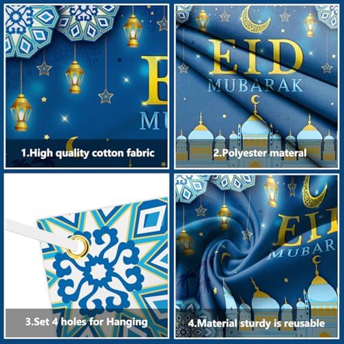 AIBIIN Eid Mubarak Backdrop Banner Blue Gold Themed Party Decorations for Eid Mubarak Ramadan Party Supplies Banner Photo Booth Prop 94.48 x 70.8 Inch - Image 3