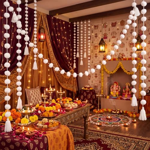 Yalikop 10 Pcs Pom Pom Garland 5 ft Diwali Party, White - Image 5